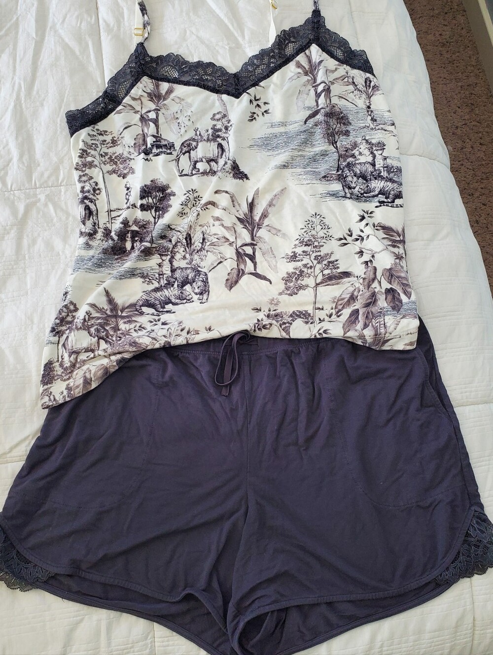 Silk-Look Ivory & Charcoal Toile Camisole & Short Sleep Set